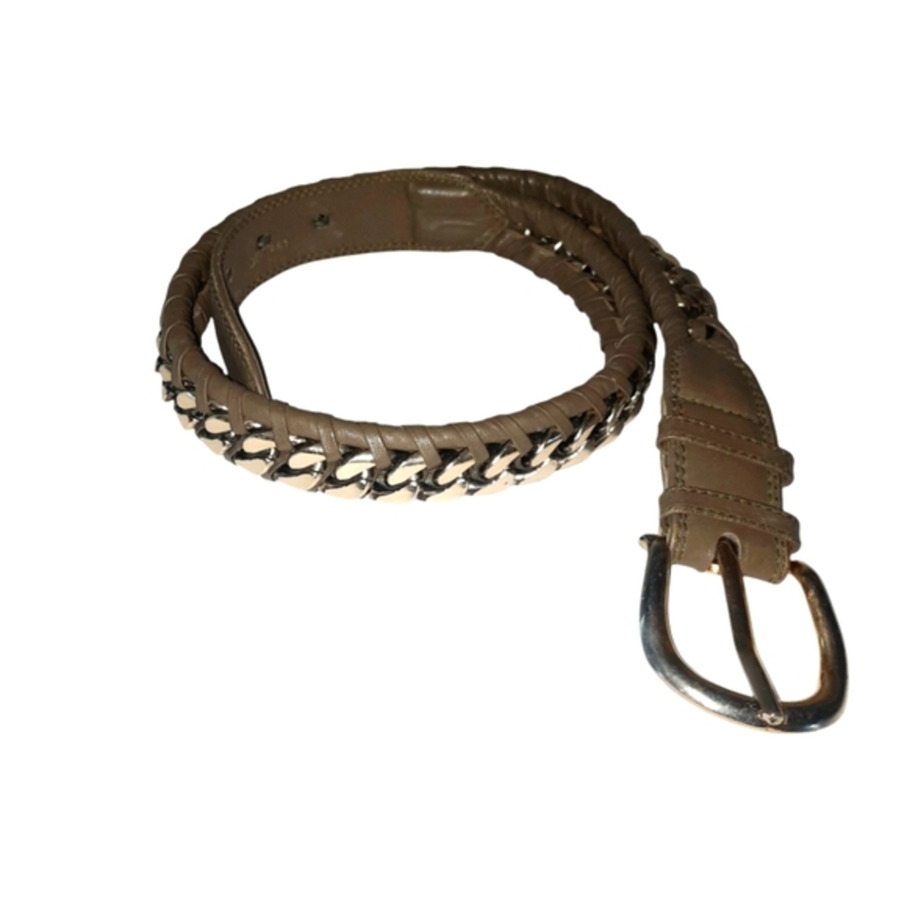 Vtg JUTTA REISSIG Olive Leather Belt w/Wrapped Silver Chain Inlay Sz M Germany